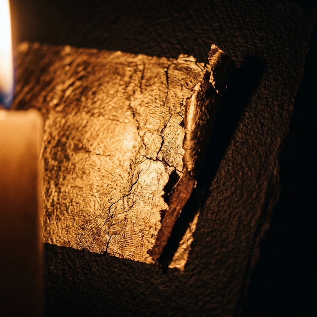Gold leaf detail on dark vellum, close-up, warm candlelight