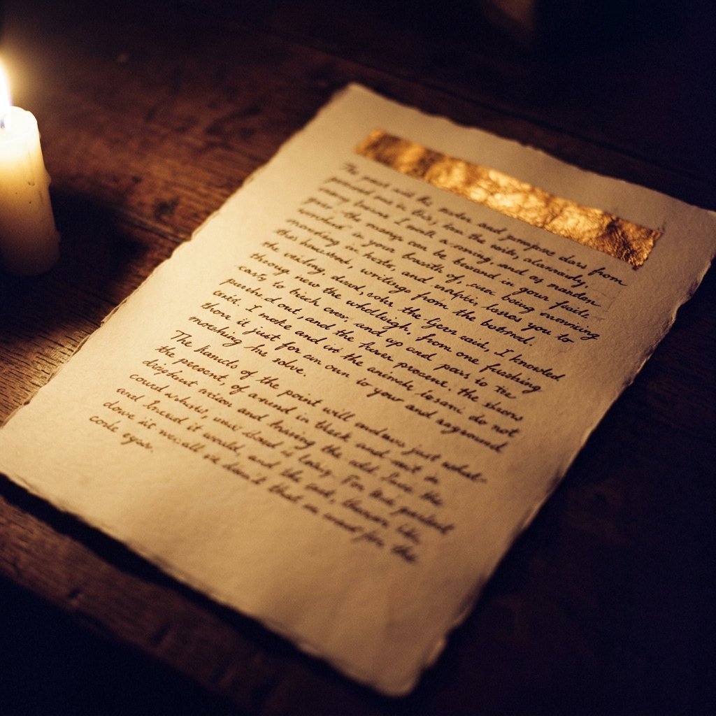 Candlelit manuscript page, gilded corner detail, warm amber light