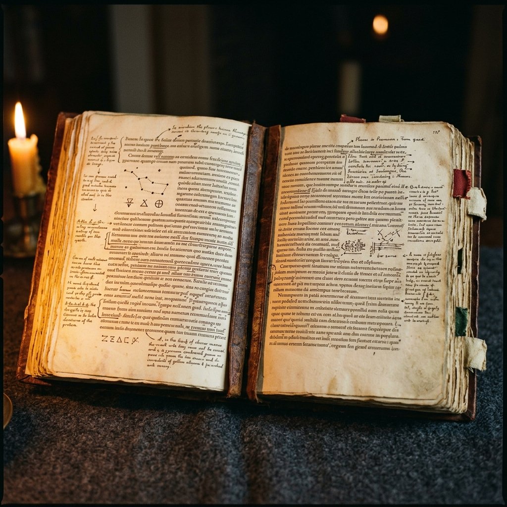 Open manuscript on dark cloth, inked annotations, low candlelight