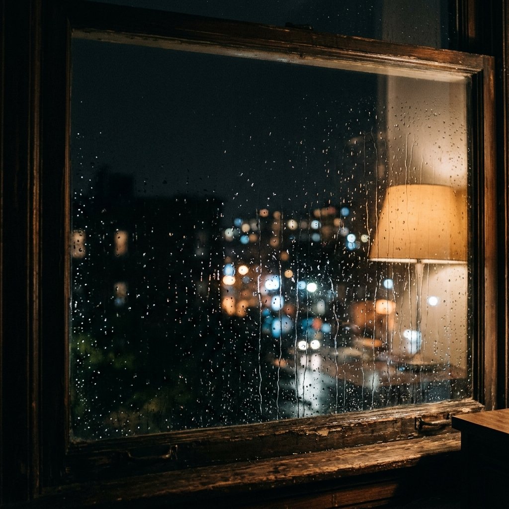 Rain-streaked dark window at night, interior amber lamp glow
